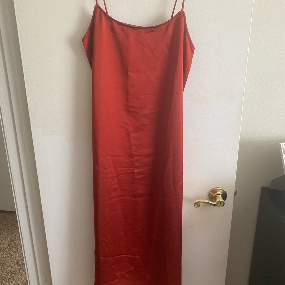 Calvin Klein,L,Elegant Rust/Brick color Slip Dress, side zipper, spaghetti strap